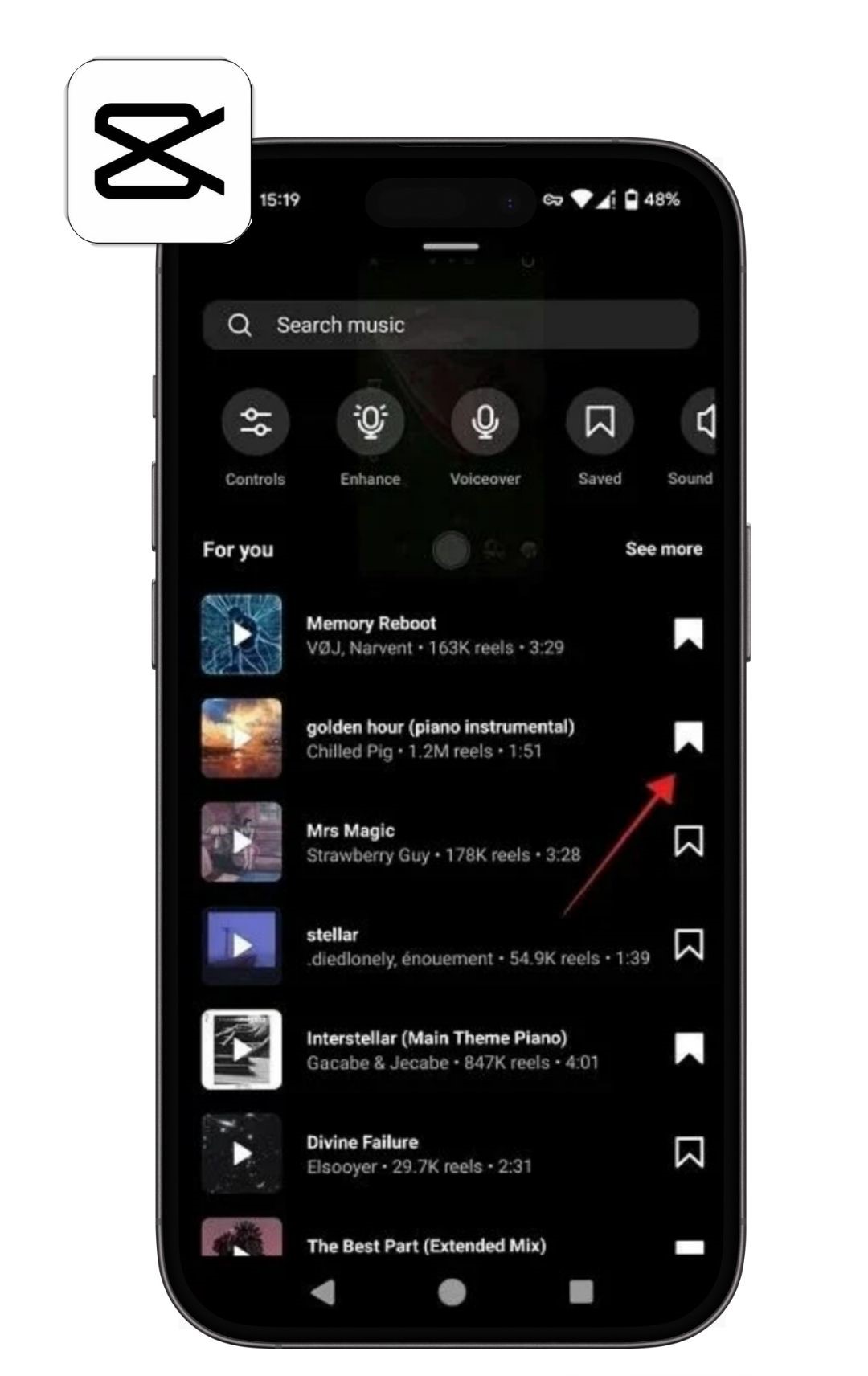 UI of CapCut's audio feature and icon at the upper left side